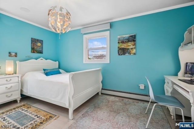 3-11 Lyncrest Ave, Fair Lawn, NJ 07410 - bedroom featuring baseboard heating, ornamental molding, wood finished floors, and a chandelier