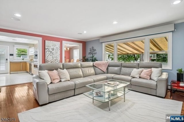 3-11 Lyncrest Ave, Fair Lawn, NJ 07410 - living room featuring ornamental molding, light wood-type flooring, and recessed lighting