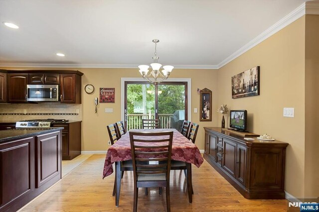 5 Edgewood Ct, Ringwood, NJ 07456 - dining space with a chandelier, crown molding, light wood finished floors, and recessed lighting