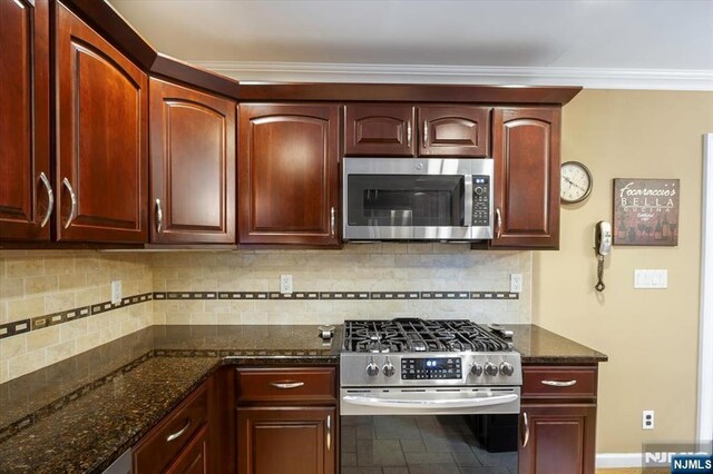 5 Edgewood Ct, Ringwood, NJ 07456 - kitchen with appliances with stainless steel finishes, dark stone countertops, backsplash, and crown molding