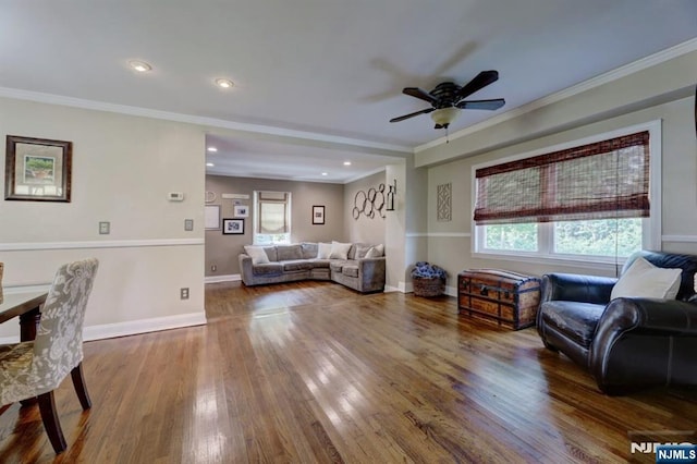 14 Swan Ct, East Rutherford, NJ 07073 - living area with ceiling fan, wood finished floors, ornamental molding, and recessed lighting