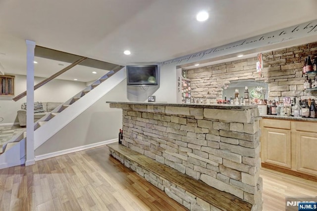 14 Swan Ct, East Rutherford, NJ 07073 - indoor wet bar with light wood-style floors, stairs, and recessed lighting