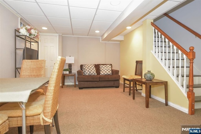 408 Eton Ct, Ridgewood, NJ 07450 - carpeted living room featuring recessed lighting, stairs, and a paneled ceiling