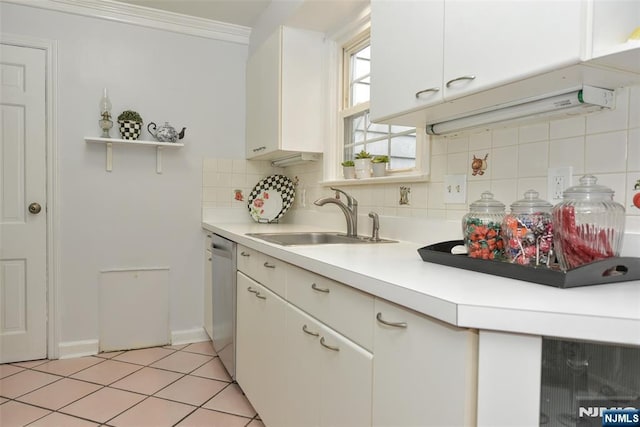 408 Eton Ct, Ridgewood, NJ 07450 - kitchen with light countertops, backsplash, crown molding, dishwasher, and white cabinets
