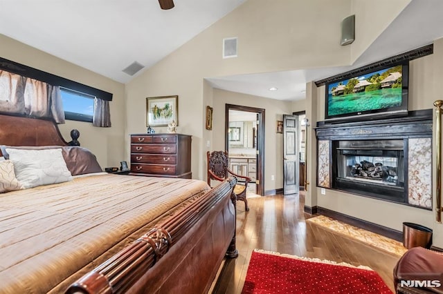 28 Elizabeth Ct, Secaucus, NJ 07094 - bedroom featuring wood finished floors, connected bathroom, high vaulted ceiling, ceiling fan, and recessed lighting