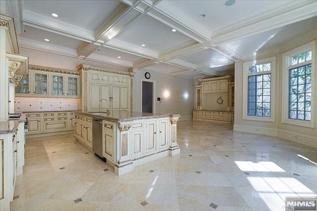 11 Margo Way, Alpine, NJ 07620 - bathroom featuring beamed ceiling, coffered ceiling, tasteful backsplash, ornamental molding, and recessed lighting