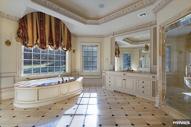 11 Margo Way, Alpine, NJ 07620 - bathroom featuring vanity, a raised ceiling, a stall shower, a bath, and tile patterned floors