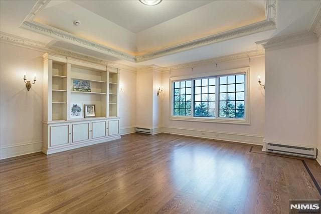 11 Margo Way, Alpine, NJ 07620 - unfurnished room with a baseboard radiator, ornamental molding, a raised ceiling, and wood finished floors