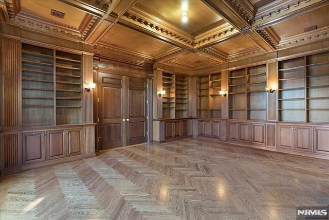 11 Margo Way, Alpine, NJ 07620 - unfurnished room with a wood ceiling with exposed beams, ornamental molding, built in features, coffered ceiling, and wooden walls