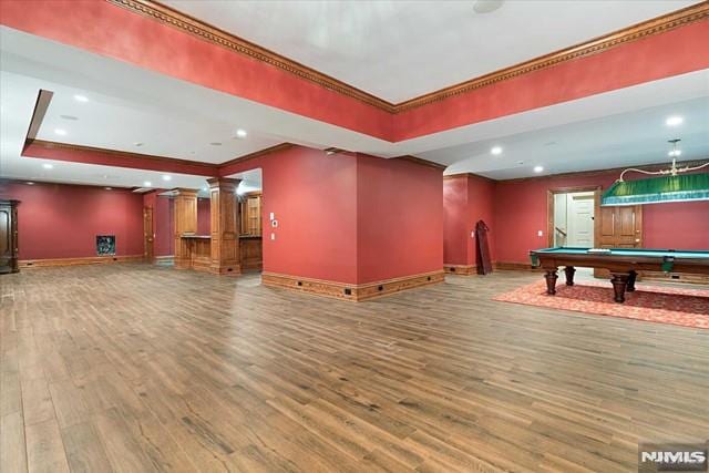 11 Margo Way, Alpine, NJ 07620 - game room featuring wood finished floors, a raised ceiling, billiards table, crown molding, and recessed lighting