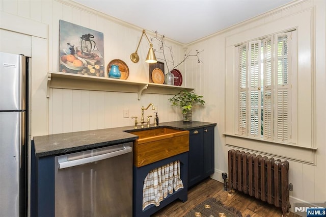 33 Ramapo Ave, Pompton Lakes, NJ 07442 - kitchen with stainless steel appliances, radiator heating unit, open shelves, dark wood-style flooring, and ornamental molding