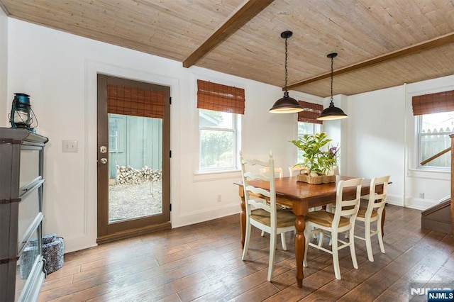 33 Ramapo Ave, Pompton Lakes, NJ 07442 - dining space with wood ceiling with exposed beams, plenty of natural light, dark wood finished floors, and baseboards