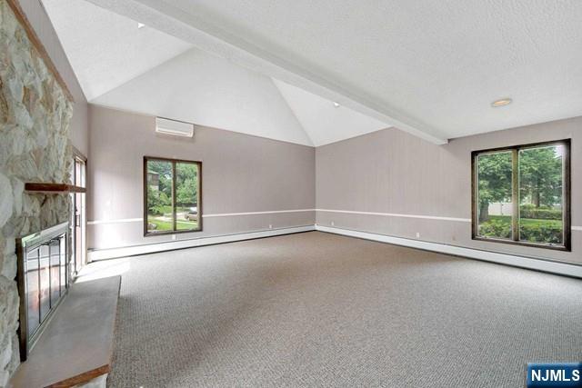 23 Bohnert Pl, Waldwick, NJ 07463 - unfurnished living room featuring carpet floors, a stone fireplace, and plenty of natural light