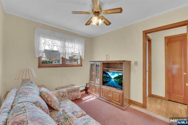13 Wonham St, Clifton, NJ 07013 - living room with ceiling fan, baseboards, ornamental molding, and carpet flooring