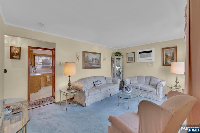 13 Wonham St, Clifton, NJ 07013 - living area with carpet, a wall mounted air conditioner, and ornamental molding