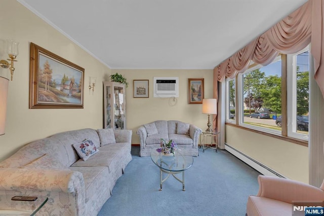 13 Wonham St, Clifton, NJ 07013 - living area featuring a wall mounted AC, baseboard heating, carpet floors, and crown molding