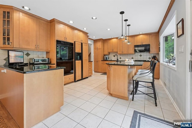 13 Stonewall Dr, Livingston, NJ 07039 - kitchen with black appliances, tasteful backsplash, recessed lighting, and light tile patterned floors