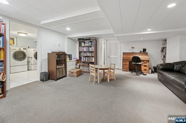 13 Stonewall Dr, Livingston, NJ 07039 - living area featuring washer and dryer, carpet, recessed lighting, and an office area