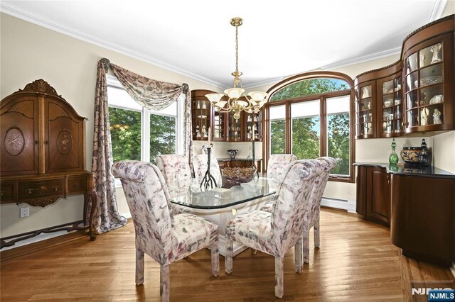 12 Woodland Ct, Wayne, NJ 07470 - dining space with a chandelier, ornamental molding, light wood-style flooring, and baseboard heating