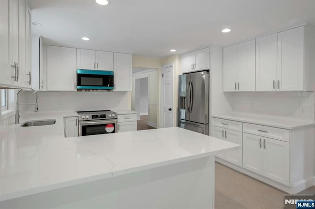 1582 Grnwd Lk, West Milford, NJ 07421 - kitchen featuring appliances with stainless steel finishes, a sink, decorative backsplash, white cabinets, and recessed lighting