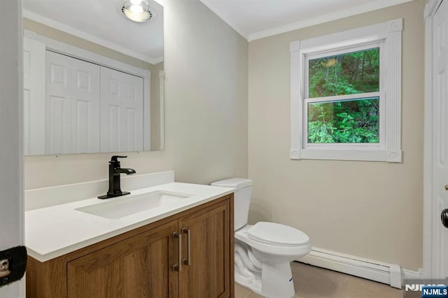 1582 Grnwd Lk, West Milford, NJ 07421 - half bath featuring baseboard heating, vanity, toilet, crown molding, and tile patterned flooring