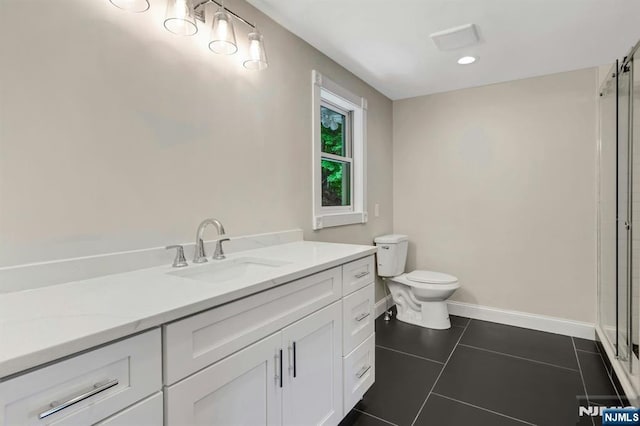1582 Grnwd Lk, West Milford, NJ 07421 - full bath with toilet, a shower stall, vanity, tile patterned flooring, and baseboards