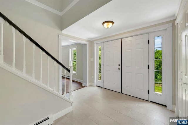 1582 Grnwd Lk, West Milford, NJ 07421 - foyer featuring stairs, baseboards, light tile patterned flooring, baseboard heating, and crown molding