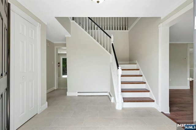 1582 Grnwd Lk, West Milford, NJ 07421 - stairs featuring baseboards, baseboard heating, crown molding, and tile patterned flooring