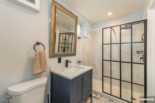 5 Britton St, Netcong Borough, NJ 07857 - bathroom featuring toilet, vanity, a stall shower, marble look tiles, and recessed lighting