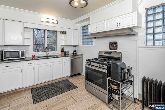 10 Whittier Ave, Trenton, NJ 08618 - kitchen with appliances with stainless steel finishes, open shelves, radiator heating unit, a sink, and backsplash