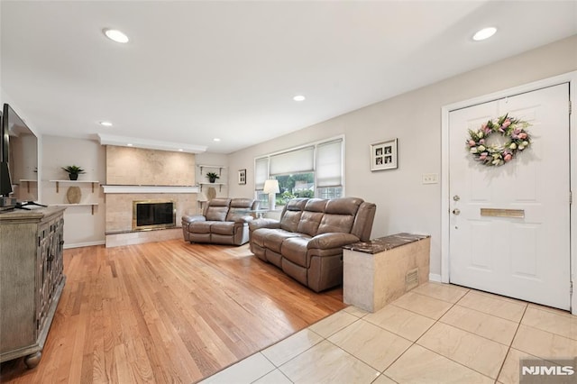 7 Meadow Ct, Midland Park, NJ 07432 - living room featuring a fireplace, recessed lighting, and light wood finished floors