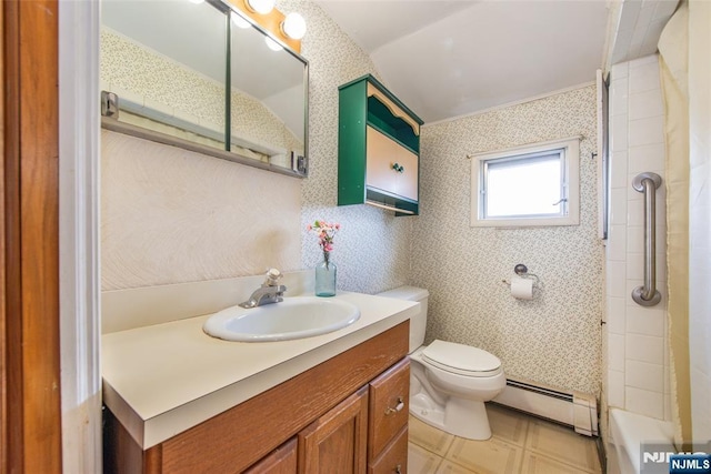 41 Gillies St, Clifton, NJ 07013 - full bathroom featuring a baseboard heating unit, vanity, toilet, wallpapered walls, and  shower combination