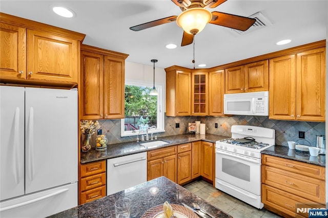 8 Delmar Ave, Cresskill, NJ 07626 - kitchen featuring white appliances, a ceiling fan, brown cabinets, a sink, and recessed lighting