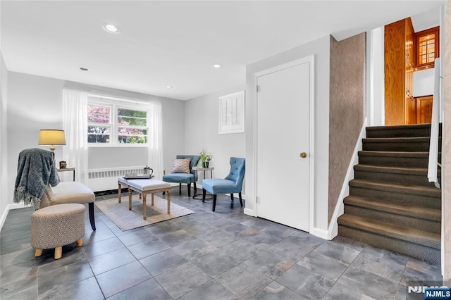 8 Delmar Ave, Cresskill, NJ 07626 - sitting room with radiator, stairway, baseboards, and recessed lighting