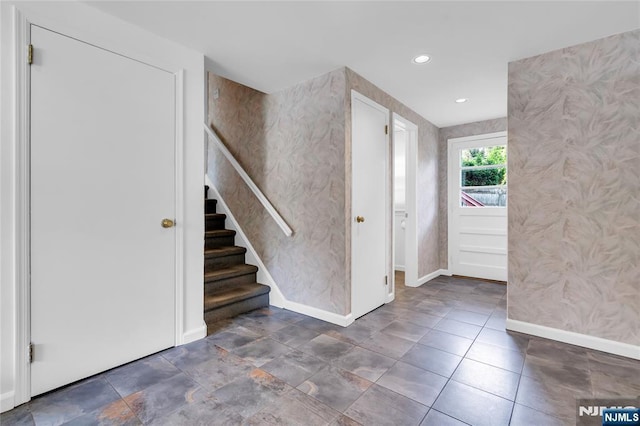 8 Delmar Ave, Cresskill, NJ 07626 - entrance foyer featuring wallpapered walls, baseboards, stairway, and recessed lighting