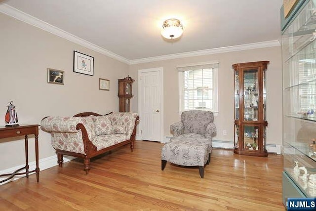 55 Beech St, Westwood, NJ 07675 - living area featuring crown molding, light wood-type flooring, and a baseboard radiator
