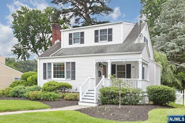 55 Beech St, Westwood, NJ 07675 - view of front facade featuring a chimney, covered porch, and roof with shingles