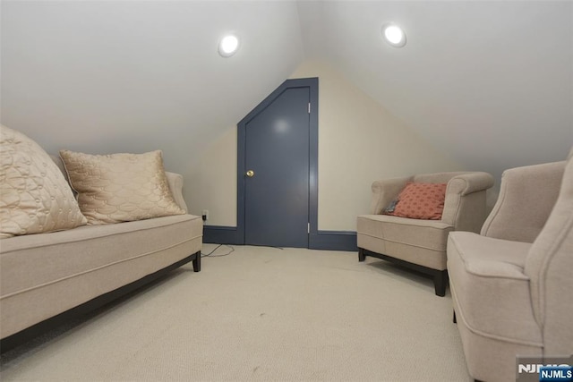  - sitting room with light colored carpet, lofted ceiling, and recessed lighting