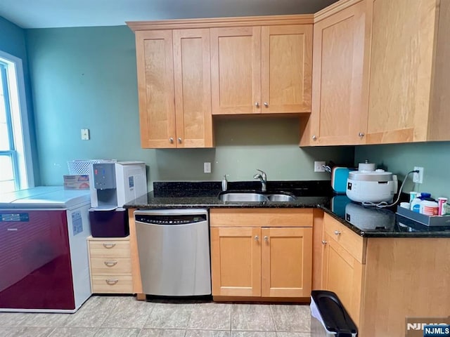 200 Dey St Unit 283, Harrison, NJ 07029 - kitchen with dishwasher, light brown cabinets, healthy amount of natural light, and dark stone countertops