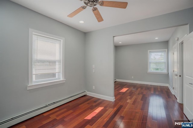 42 Berton Pl, Nutley, NJ 07110 - empty room with a baseboard heating unit, ceiling fan, wood finished floors, recessed lighting, and baseboards