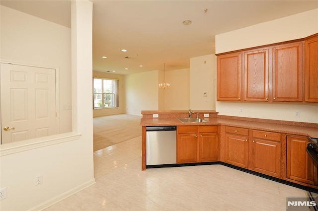 103 Four Seasons Unit 103, Wayne, NJ 07470 - kitchen featuring stainless steel dishwasher, a chandelier, brown cabinets, a peninsula, and a sink