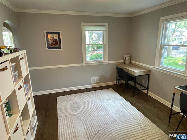 771 Stelton St, Teaneck, NJ 07666 - home office featuring dark wood finished floors, crown molding, and arched walkways
