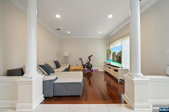 36-15 Garden View Ter, Fair Lawn, NJ 07410 - living room with ornate columns, hardwood / wood-style floors, recessed lighting, and ornamental molding