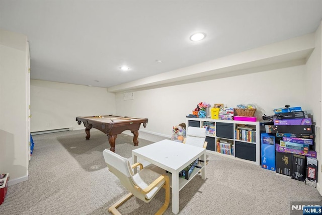 36-15 Garden View Ter, Fair Lawn, NJ 07410 - recreation room with billiards table, carpet, a baseboard heating unit, and recessed lighting