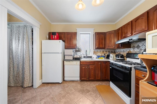 3 Drury Ln, Fort Lee, NJ 07024 - kitchen featuring white appliances, under cabinet range hood, crown molding, decorative backsplash, and a sink