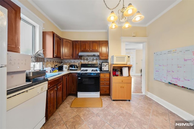 3 Drury Ln, Fort Lee, NJ 07024 - kitchen featuring white appliances, under cabinet range hood, crown molding, decorative backsplash, and a chandelier