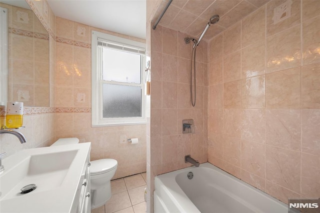 3 Drury Ln, Fort Lee, NJ 07024 - bathroom with tile walls, shower / washtub combination, vanity, tile patterned flooring, and toilet