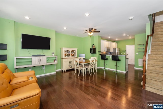 129 Eisenhower Ln Unit 2109, Wood Ridge, NJ 07075 - living room featuring a ceiling fan, dark wood finished floors, stairway, baseboards, and recessed lighting