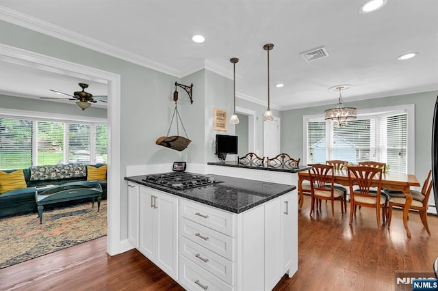39 N 5th St, Park Ridge, NJ 07656 - kitchen with black gas cooktop, white cabinets, ceiling fan, dark wood-style floors, and dark stone counters