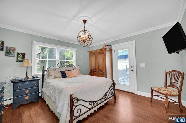 39 N 5th St, Park Ridge, NJ 07656 - bedroom featuring access to outside, ornamental molding, wood finished floors, a baseboard heating unit, and a chandelier
